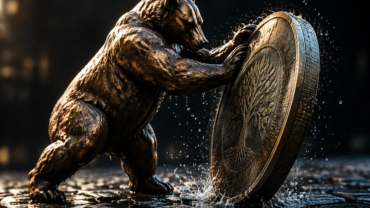 Bronzene Bärenfigur stemmt sich gegen eine aufrecht stehende Metallmünze auf nassem Kopfsteinpflaster und kippt sie zur Seite