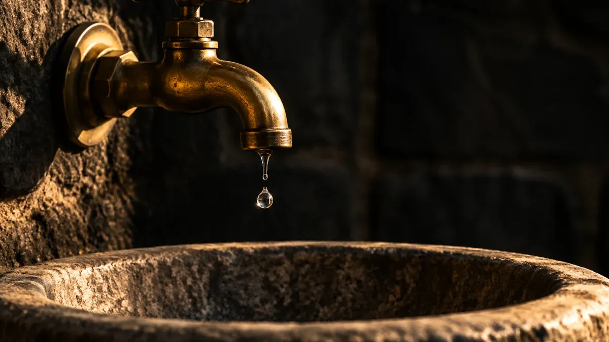 Ein dünner Wassertropfen fällt aus einem Messinghahn in ein leeres Steinbecken