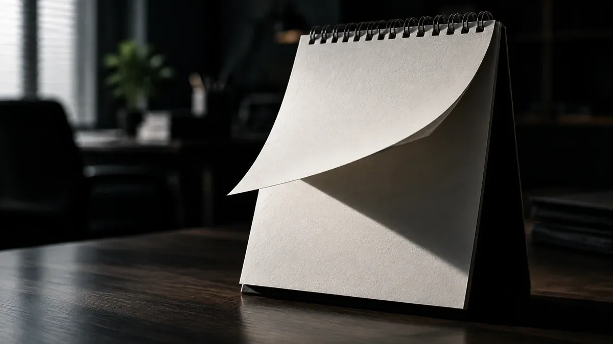 Tischkalender mit leeren, unbeschrifteten Blaettern, ein Blatt halb umgeschlagen, dahinter eine dunkle Bueroszene