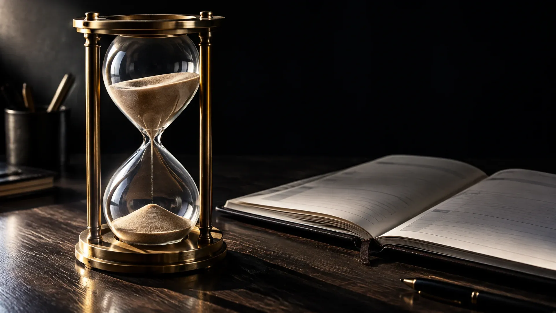 Brass hourglass almost run through on a dark workbench next to an open desk diary