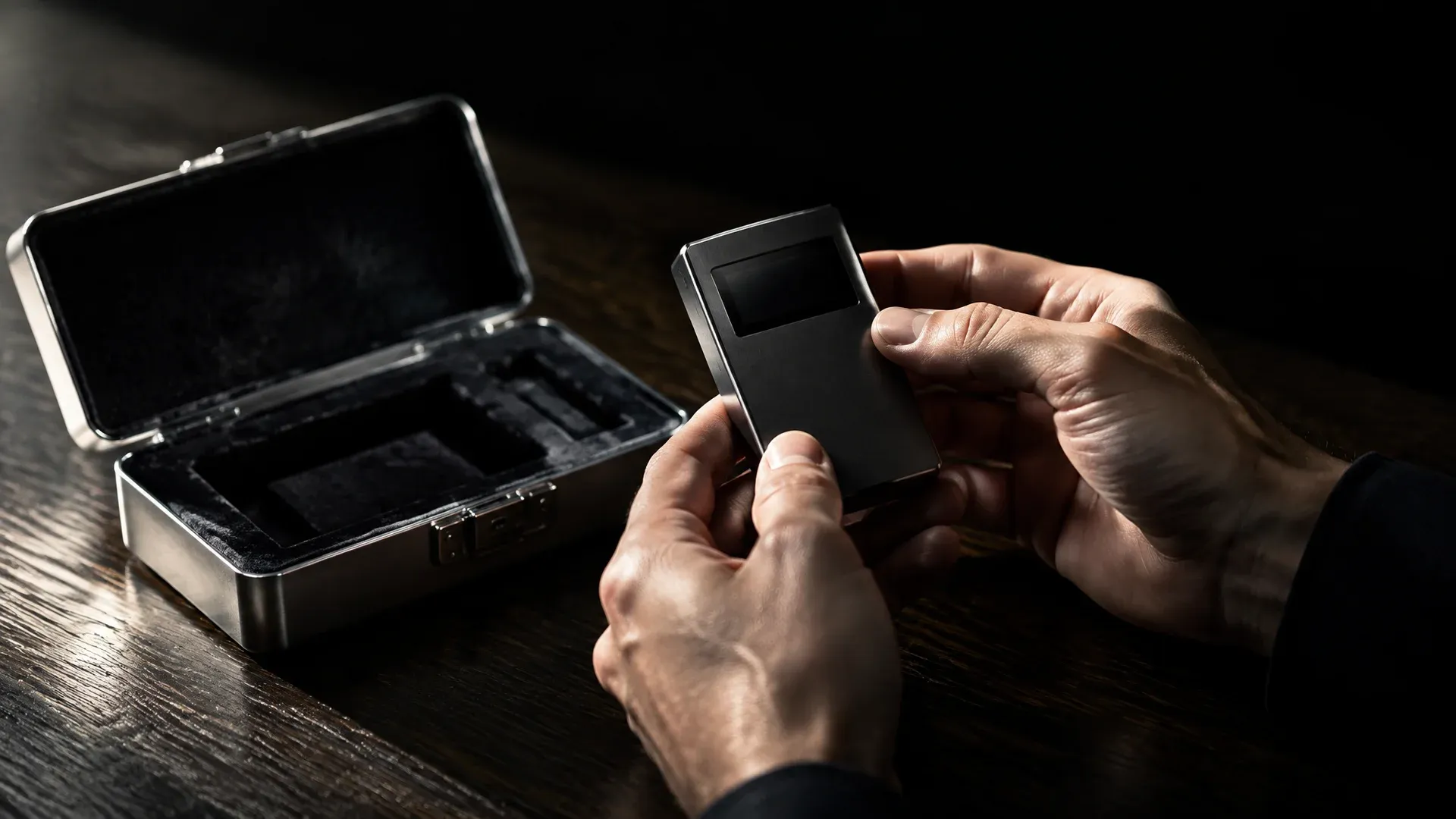 Two hands holding a small black metal device with a dark display area above a wooden table, beside an opened steel case with velvet lining