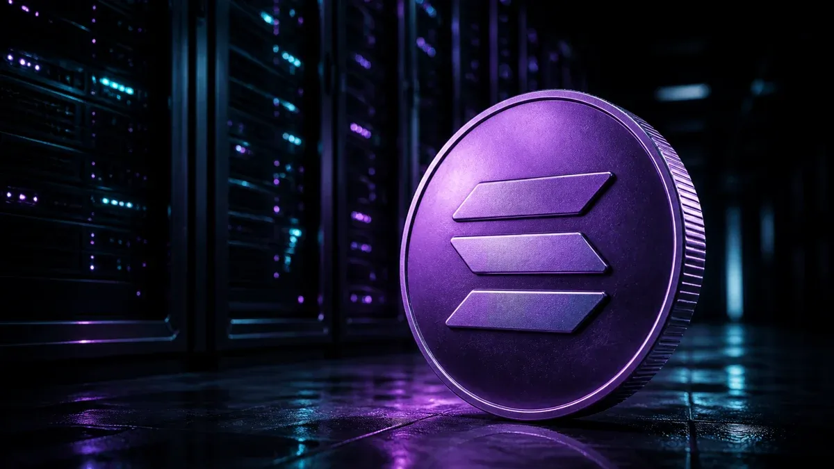 Server racks with purple lights, a large purple coin standing in front of them
