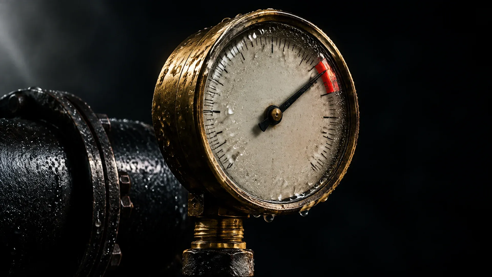 A brass pressure gauge on a wet steel pipe, the needle sitting just above a red limit mark at the edge of the dial