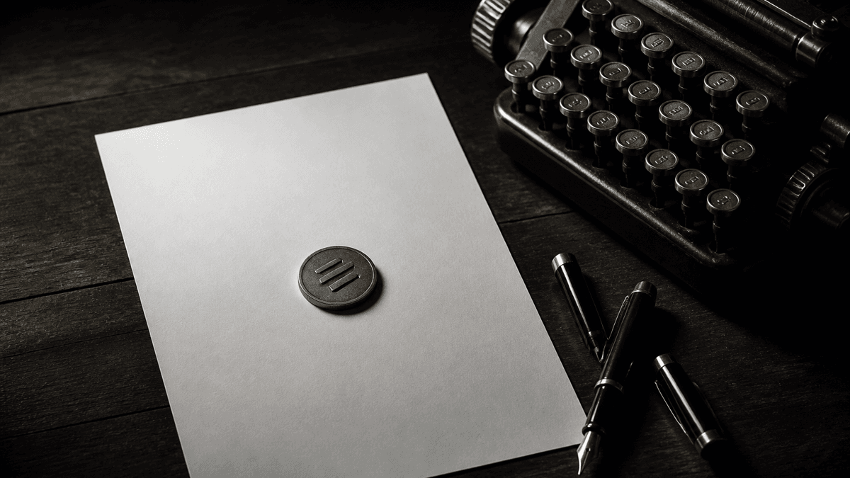 A desk scene with a blank sheet of paper, a fountain pen and an old adding machine on dark wood, with a metal coin bearing three diagonal bars resting on the paper