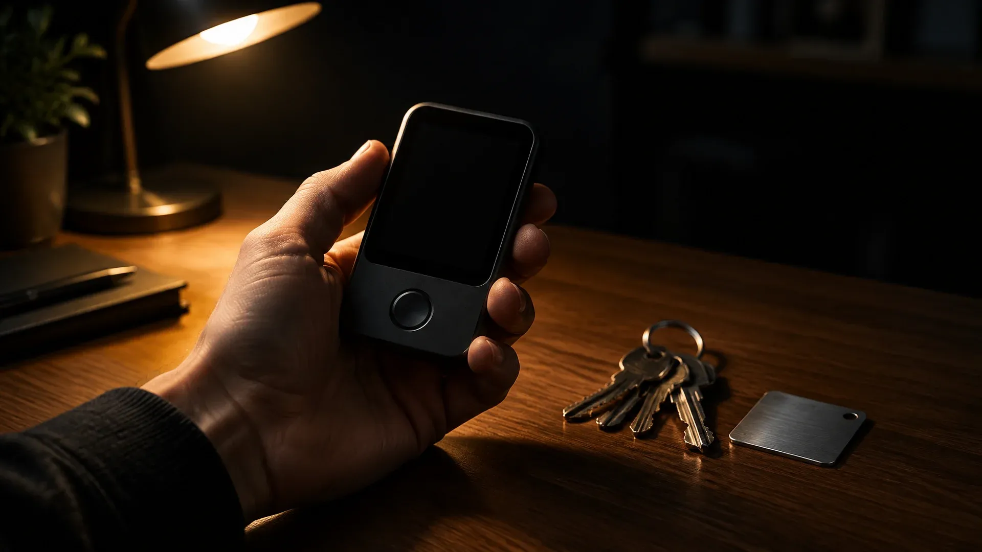 A hand holds an unbranded hardware device with its display switched off above a desk, a bunch of keys and a metal plate beside it