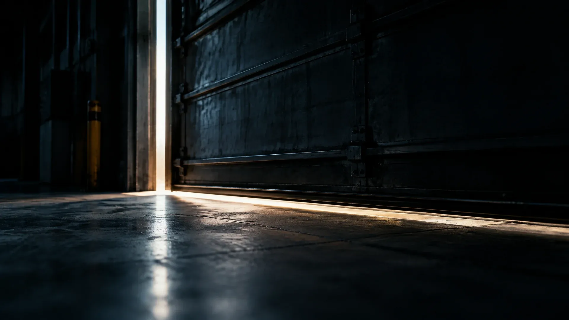 A heavy steel warehouse door closing, a last strip of light falling on the empty concrete floor in front of it
