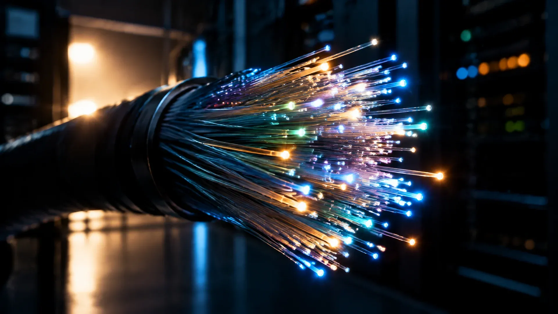 Thick bundle of fibre-optic cables backlit, the individual fibre ends glowing at differing brightness
