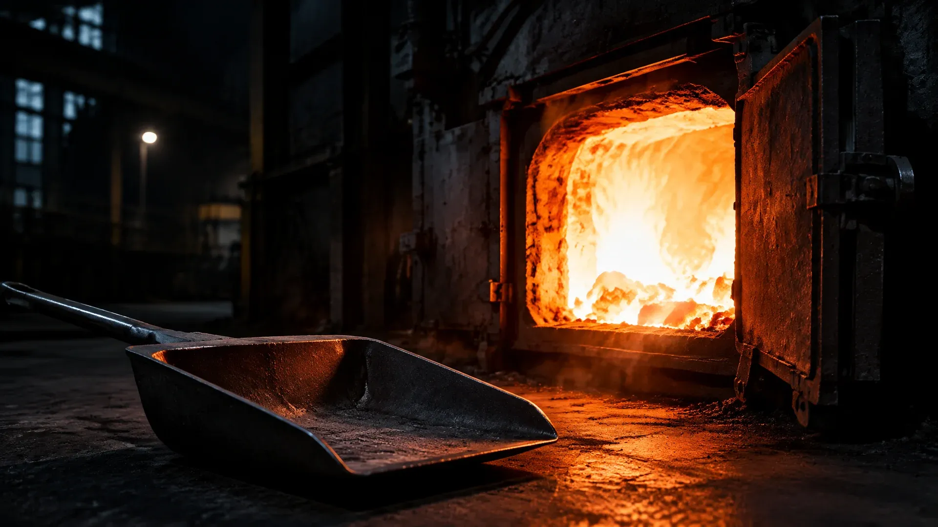 Open steel firing-chamber hatch in a dark industrial hall, white-hot embers glaring from the opening, an empty charging shovel in front of it