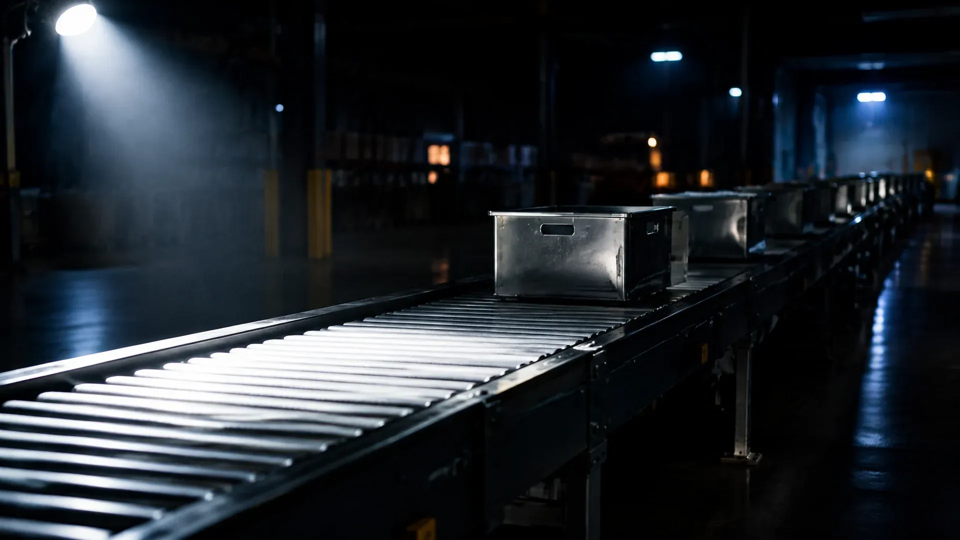 Long roller conveyor in a night-time transfer hall, open metal containers running out of frame to the right, the front section of the belt empty