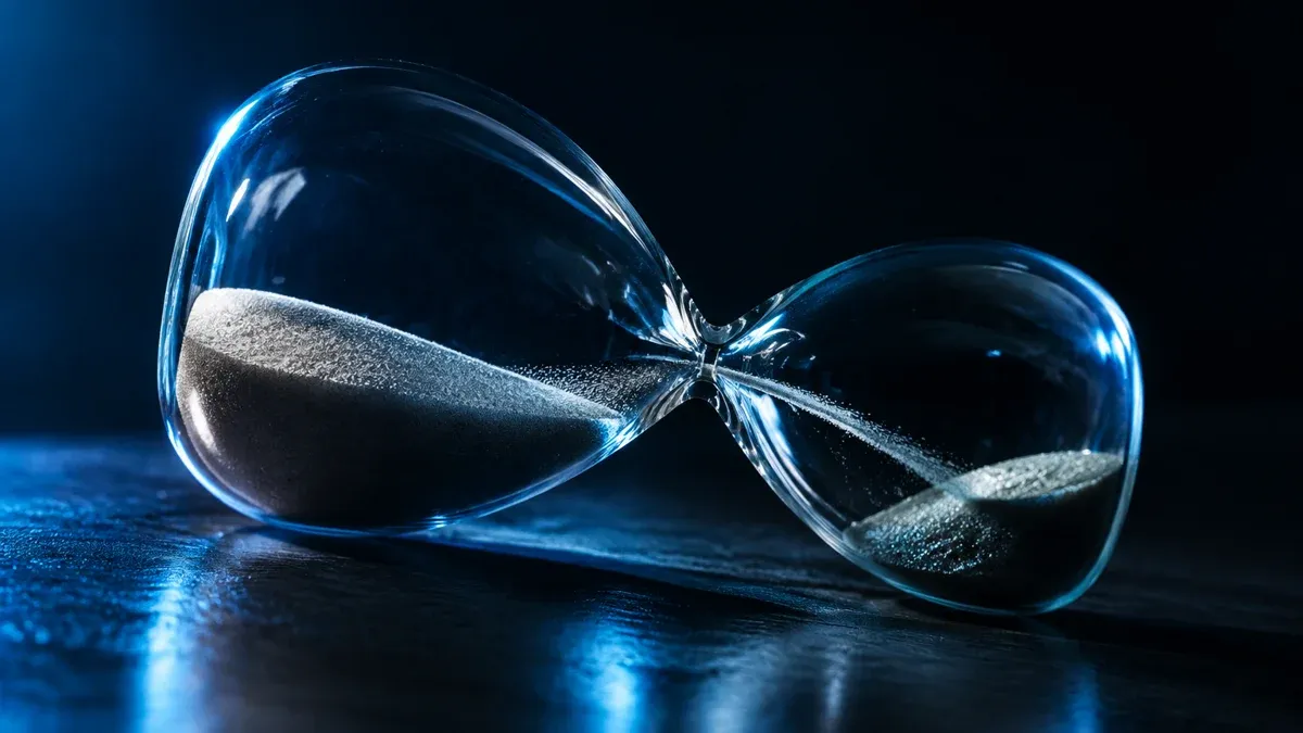 Hourglass lying on its side on a dark table, the sand caught in mid-movement