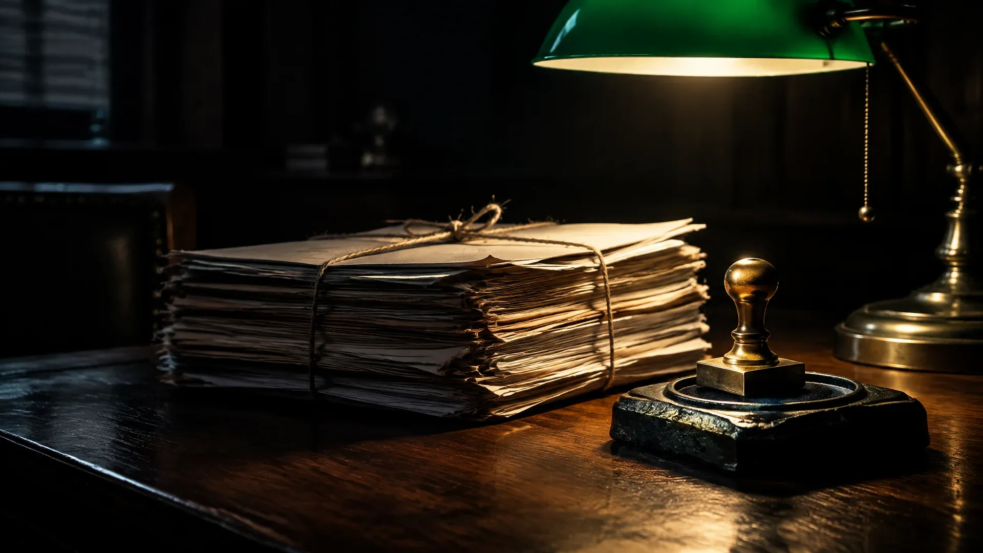 Einzelner Stapel geschnürter Papierakten unter einer grünen Schreibtischlampe in einem dunklen Amtszimmer, daneben ein schwerer Messingstempel auf einer Löschwiege