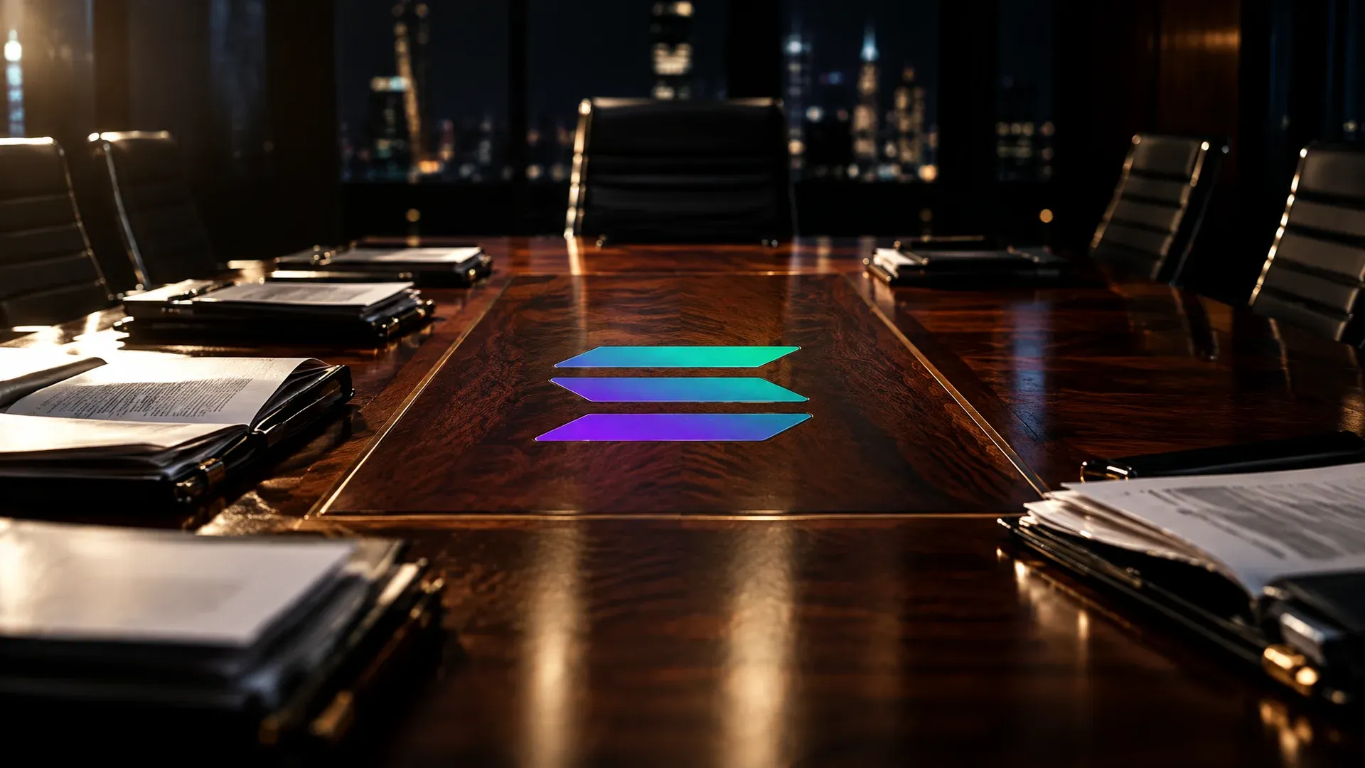 Boardroom at night with a long conference table, open stacks of files and rows of chairs pushed back, the Solana symbol set in the wood inlay at the head of the table