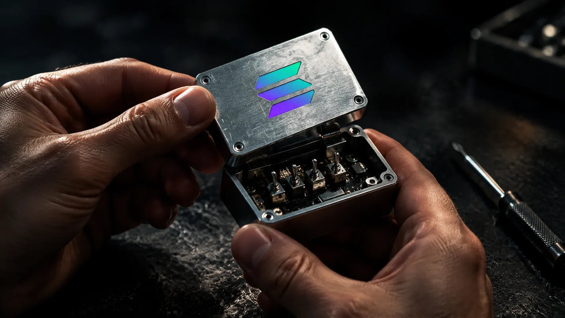 Two hands holding an opened metal case with tiny switches above a dark workbench, a screwdriver beside it, the Solana symbol on the lid