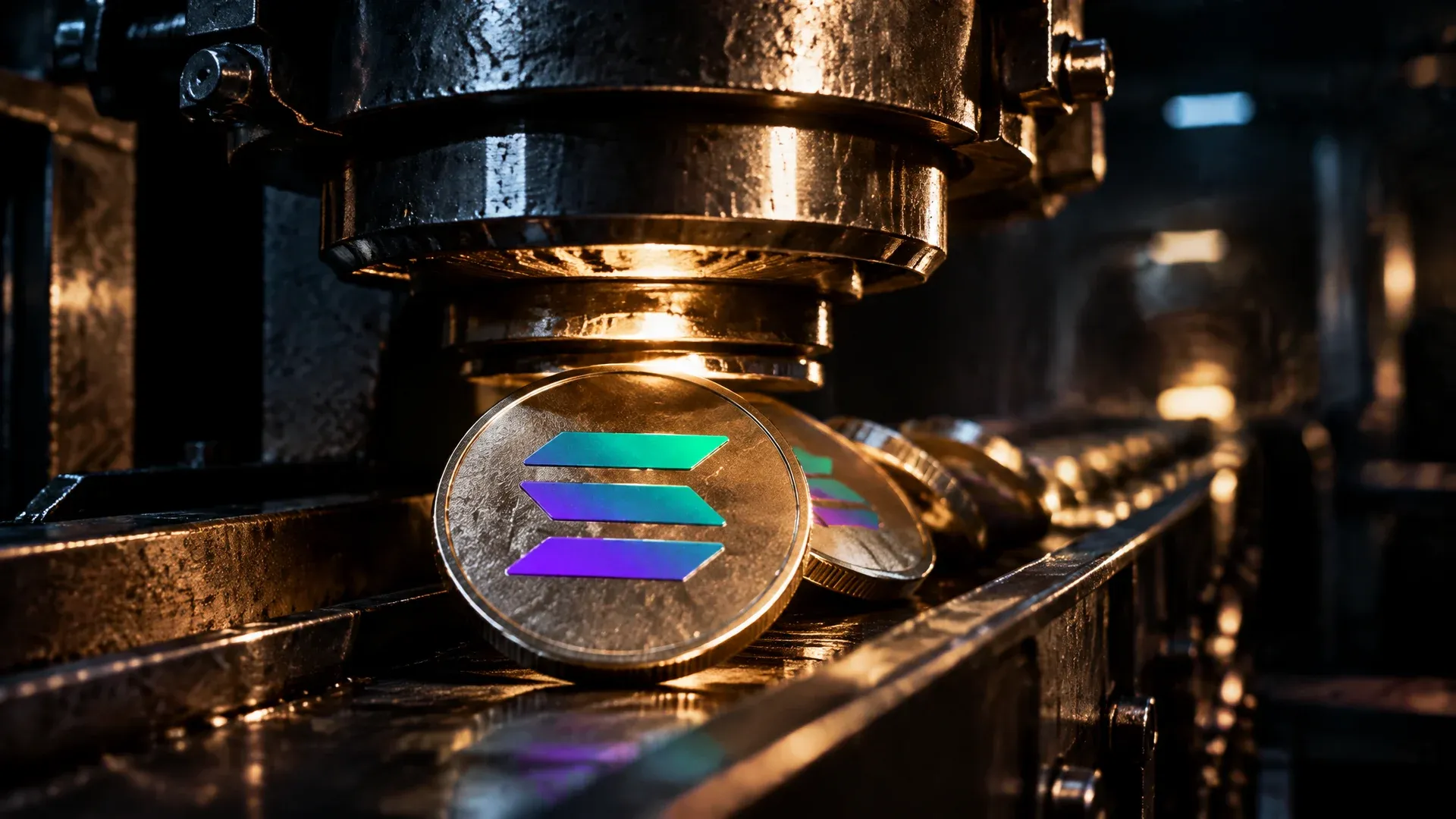 Industrielle Prägepresse in einer nächtlichen Münzanstalt, frisch geprägte Metallscheiben fallen auf ein Stahllaufband, die vorderste trägt das Solana-Zeichen