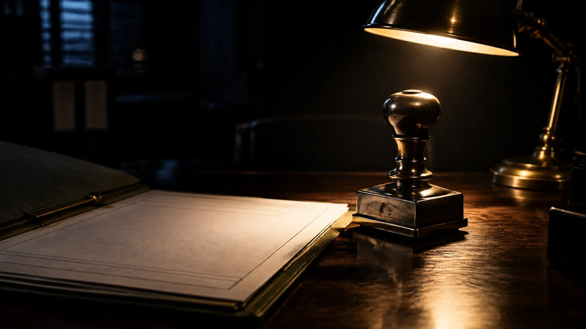 Official desk at night with a heavy metal stamp beside an open file folder, a brass lamp lighting only the stamp