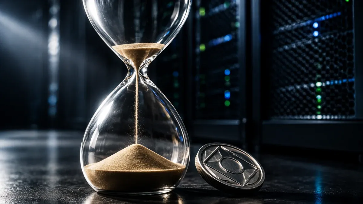 Gläserne Sanduhr mit fast durchgelaufenem Sand neben einer Metallmünze vor dunklen Server-Racks