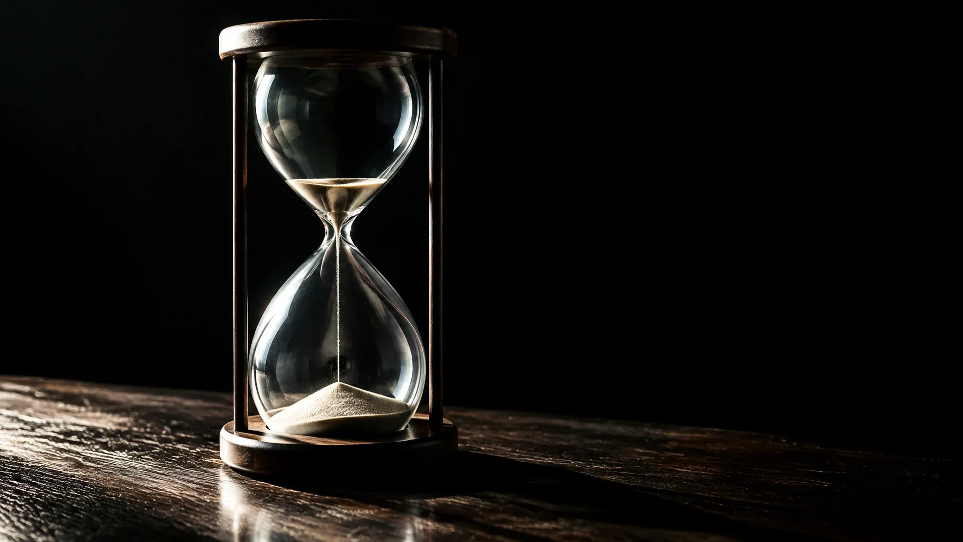 Glass hourglass without numerals on a dark wooden table, the sand almost run through