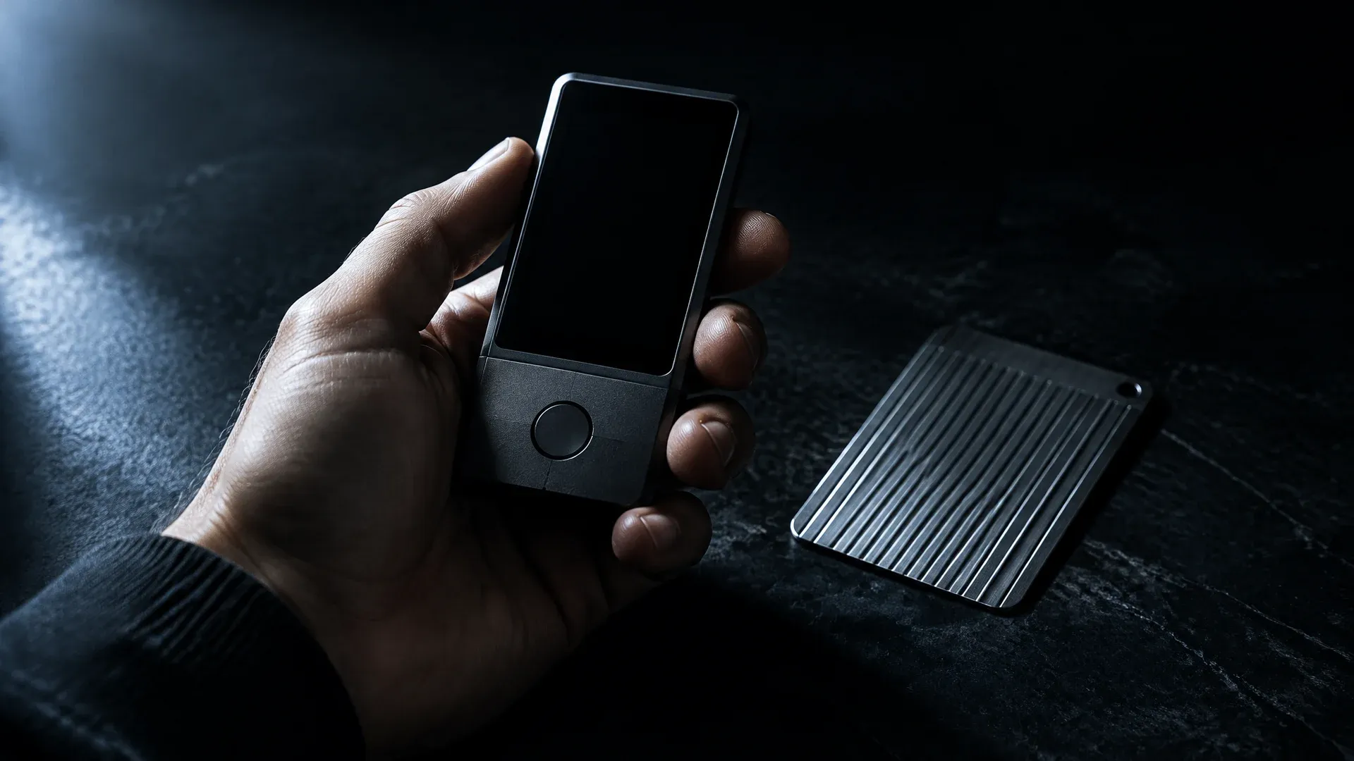 Unbranded hardware wallet with a dark display held in a hand above a table, beside it a ridged metal plate