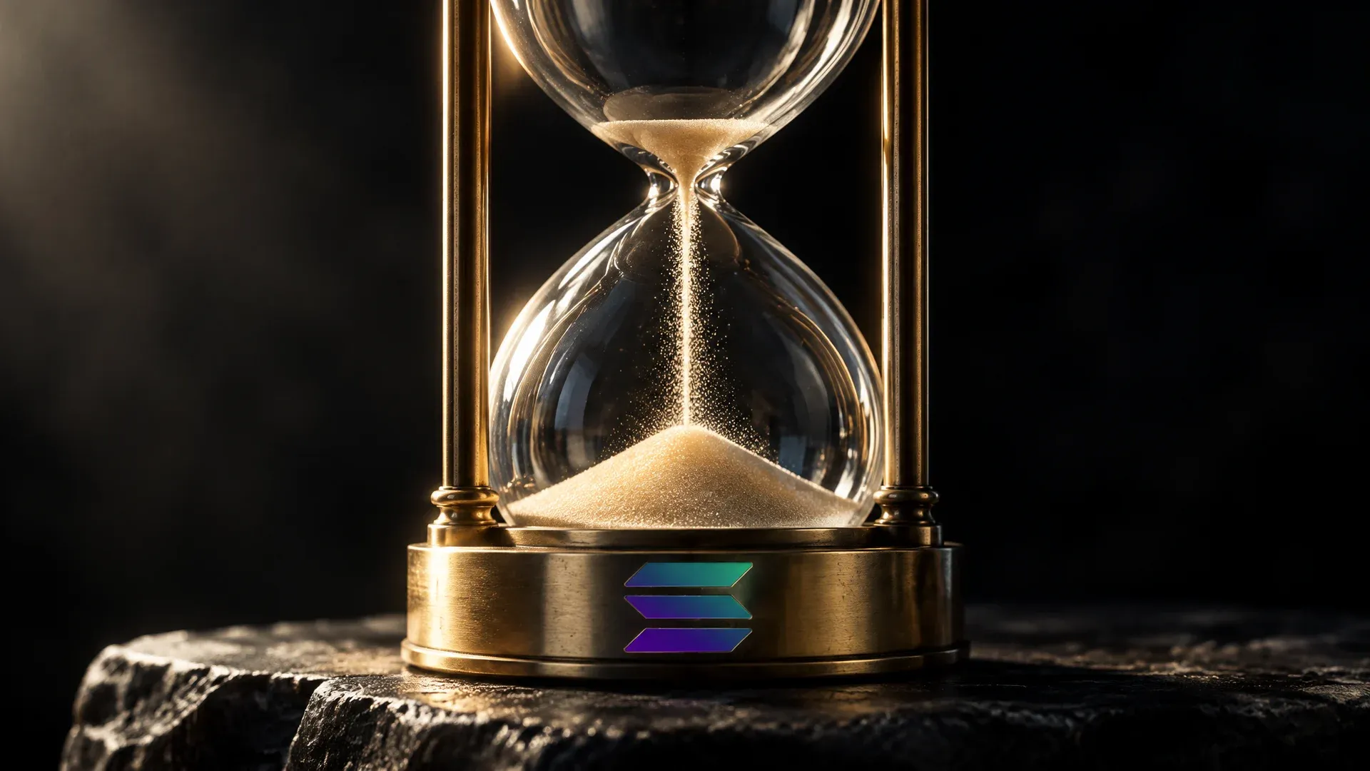 Gläserne Sanduhr auf dunkler Steinplatte im Seitenlicht, der obere Trichter ist fast leer, im Messingring der Fassung sitzt das Solana-Zeichen als Gravur