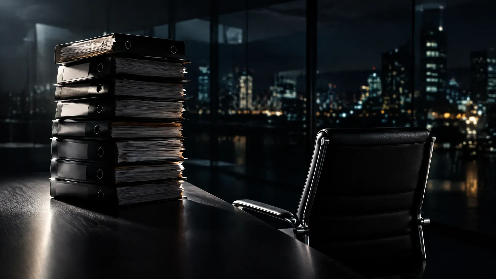Tall stack of bound document files on a dark conference table at night, a single empty chair in front of it against a glazed wall