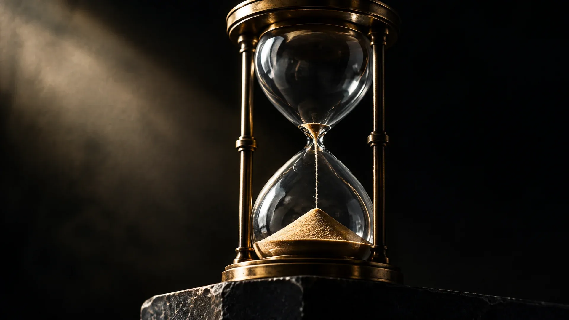 Large brass and glass hourglass on a dark stone base, the upper bulb almost empty as the last grains run through the neck