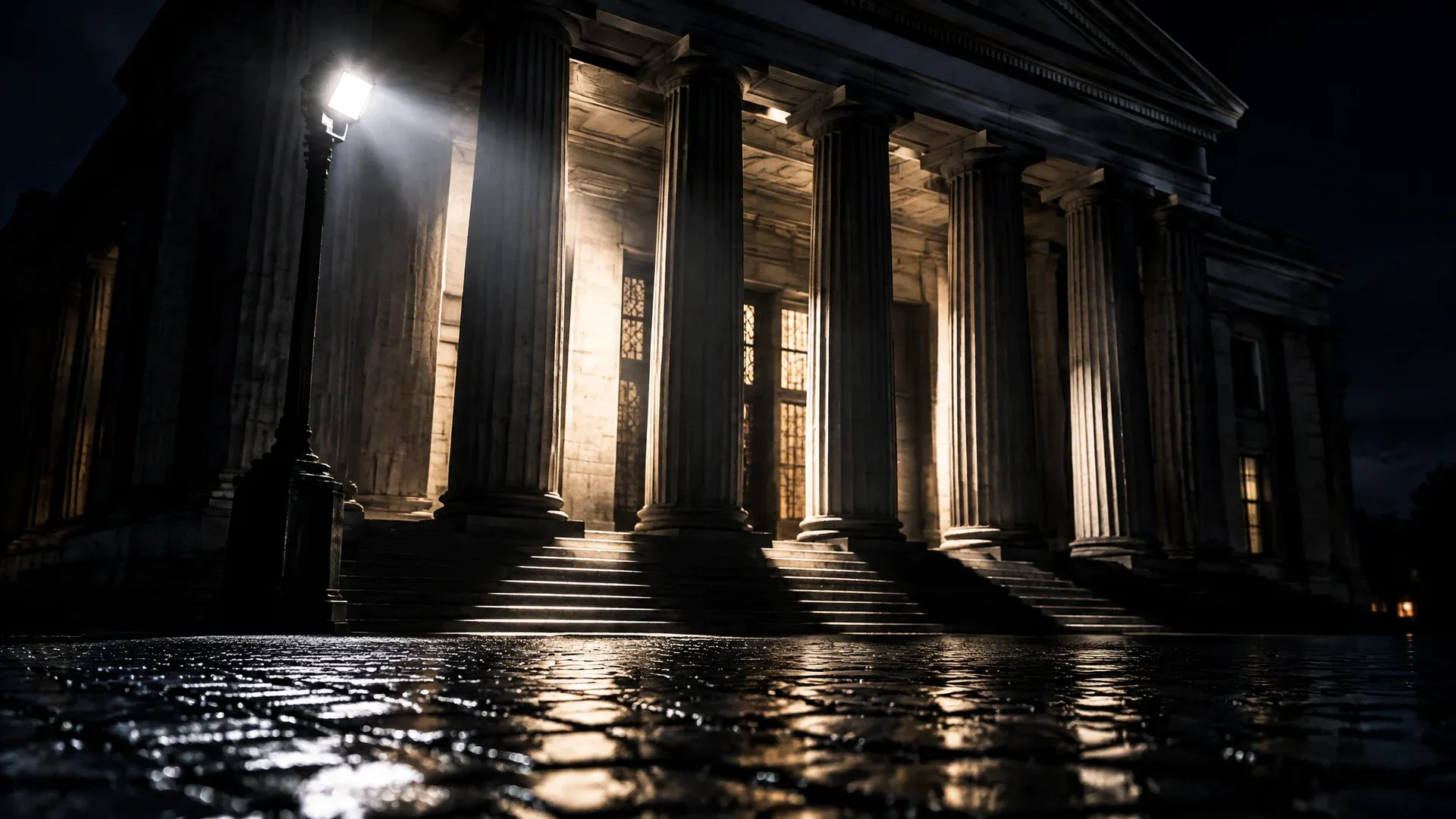 Klassizistisches Säulenportal einer Notenbank bei Nacht im Gegenlicht, nasses Kopfsteinpflaster davor, eine einzelne Flutlichtleuchte wirft harte Schatten zwischen die Säulen