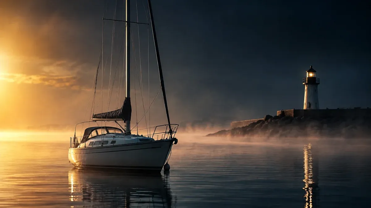 Segelboot wartet bei Morgendämmerung mit eingeholten Segeln in einer ruhigen Hafeneinfahrt