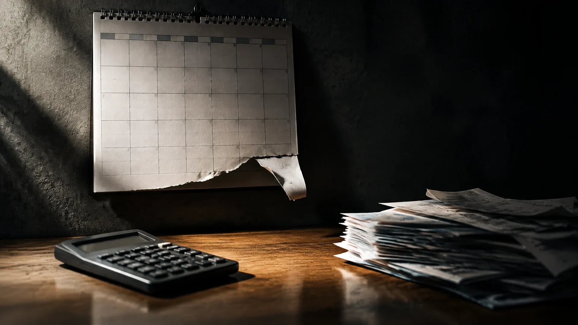 Wandkalender mit halb abgerissenem Monatsblatt neben Taschenrechner und Belegstapel auf einem Holztisch