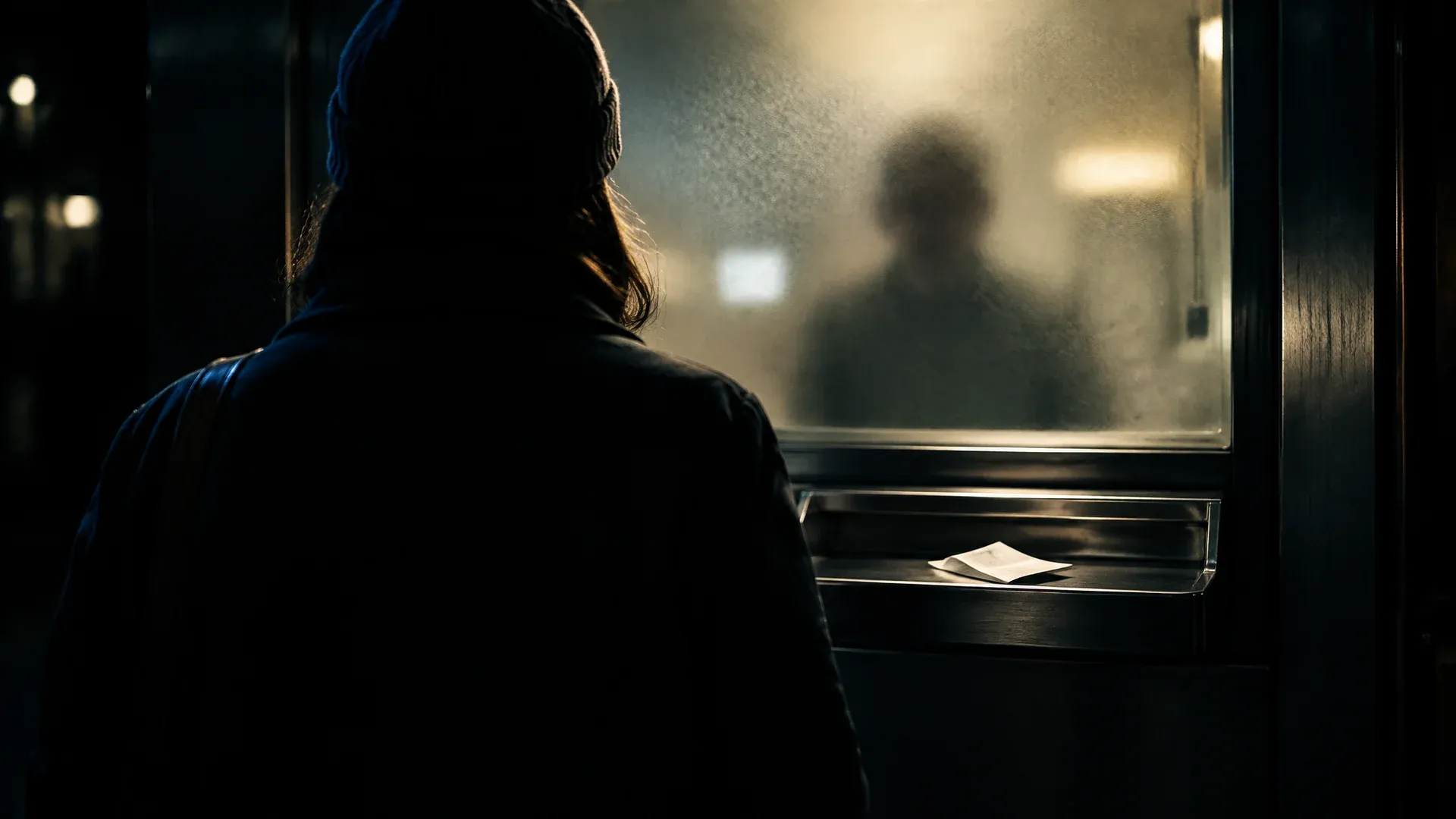 A post office counter behind frosted glass at night, a single folded receipt lying in the metal tray under the window, the silhouette of a waiting person behind it