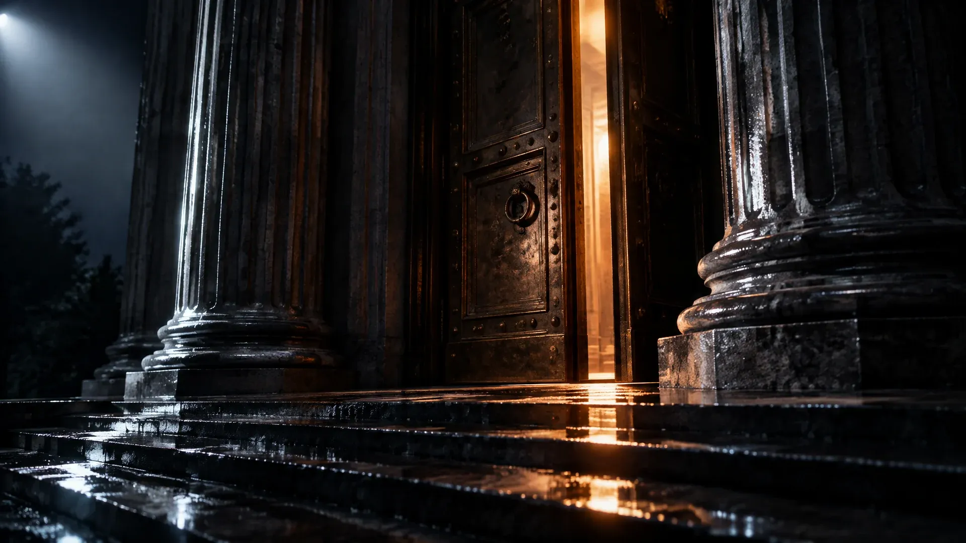 A granite portal with fluted columns at night, wet steps in the glare of a spotlight, a heavy bronze door standing slightly ajar