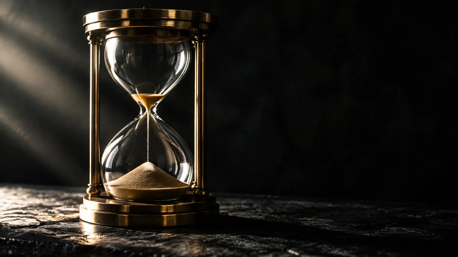 Schwere Messing-Sanduhr auf dunklem Steintisch, der obere Kolben ist fast leer, ein duenner Sandstrahl rinnt nach unten