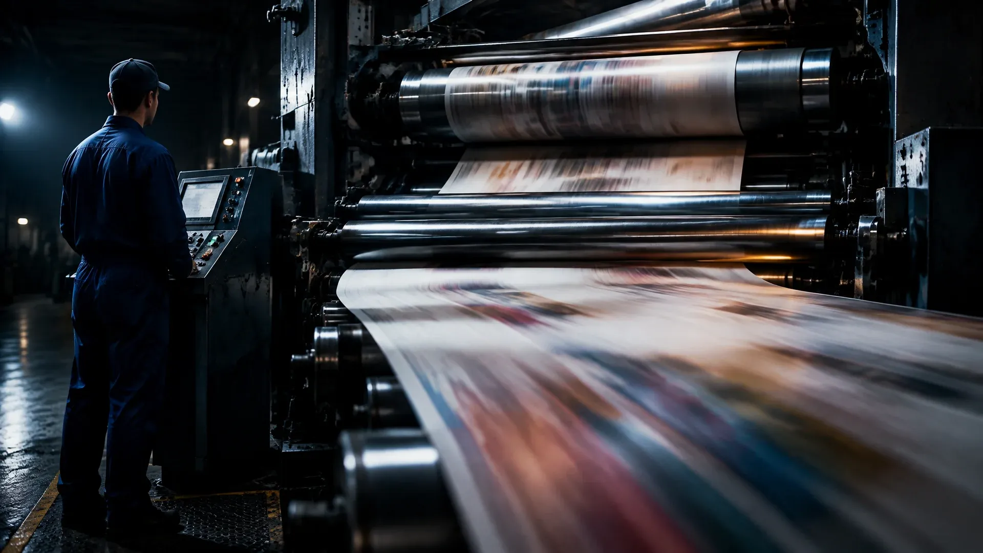 Hochgeschwindigkeits-Druckerpresse in dunkler Werkhalle, die Papierbahn verschwimmt in den Stahlwalzen zu einem Band, ein Arbeiter steht reglos am Bedienstand