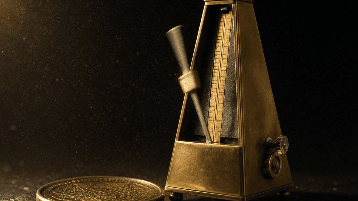 A brass metronome with a motion-blurred pendulum, a metal coin lying flat in front of it