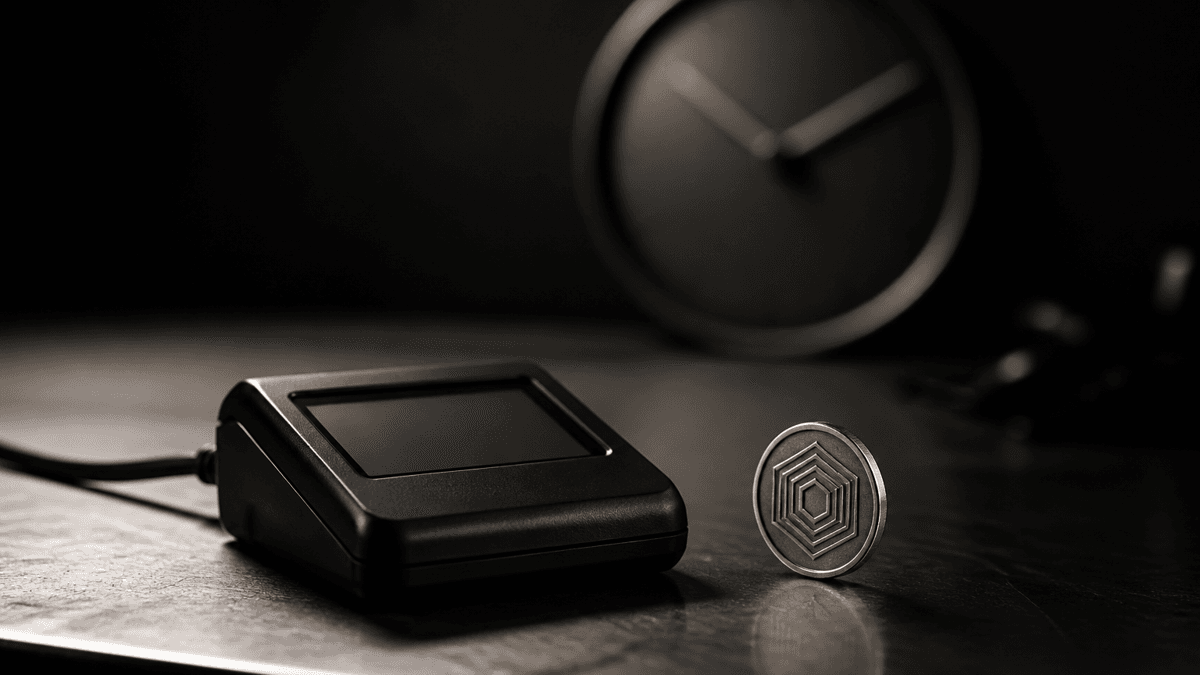 A black hardware signing device with a blank display on a steel workbench, next to a coin balanced on edge