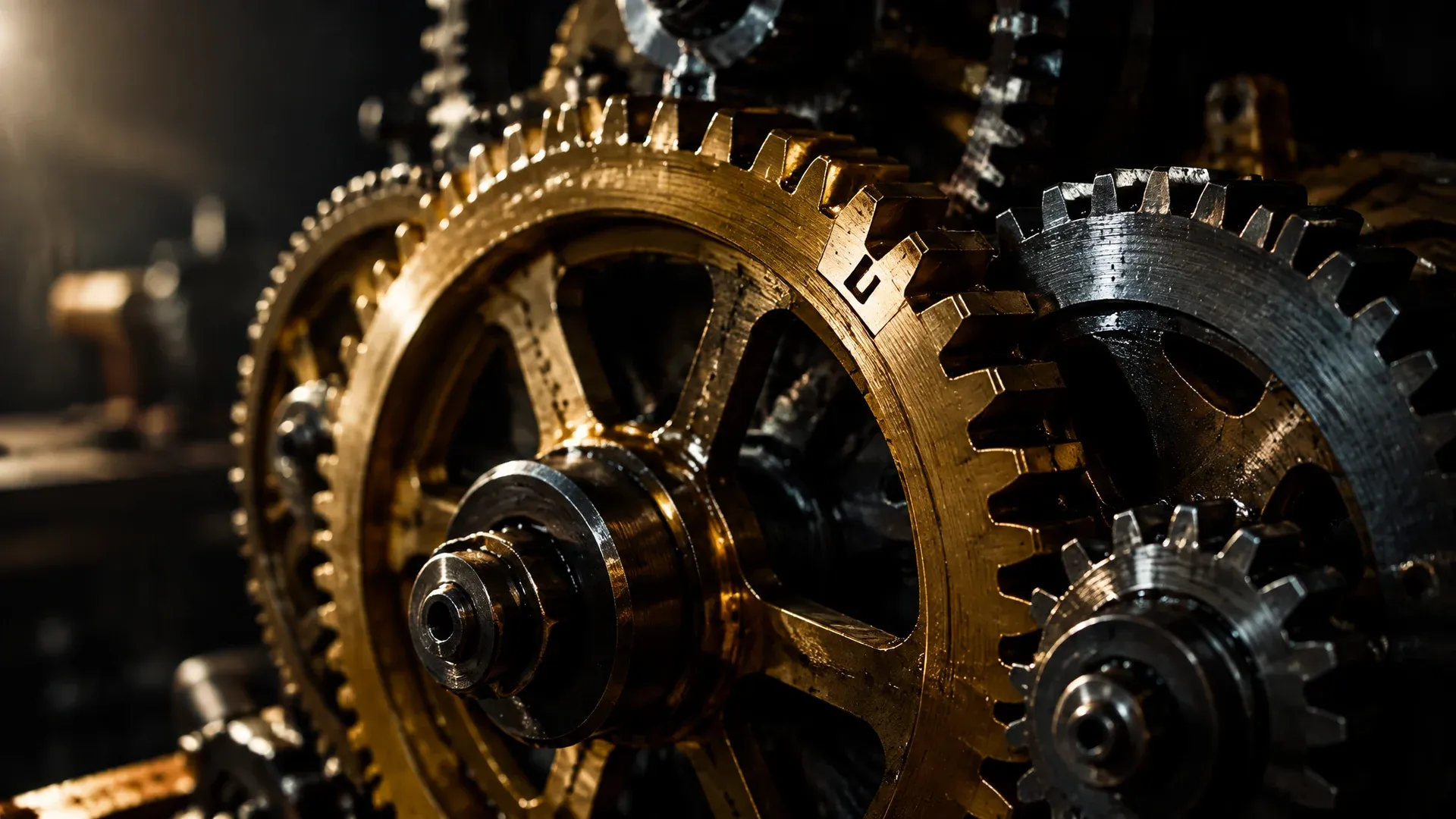 Large open gear train of brass and steel, interlocking toothed rings, one of them bearing a single marking notch