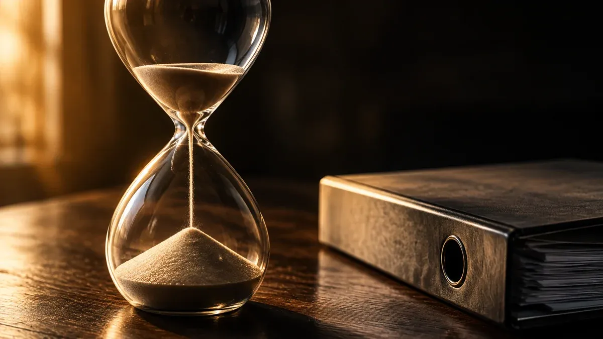 Gläserne Sanduhr mit fast durchgelaufenem Sand auf dunklem Holztisch neben einem geschlossenen Papierordner