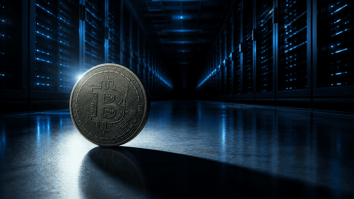 Long aisle between tall black server racks with blue status lights, an upright coin in the foreground