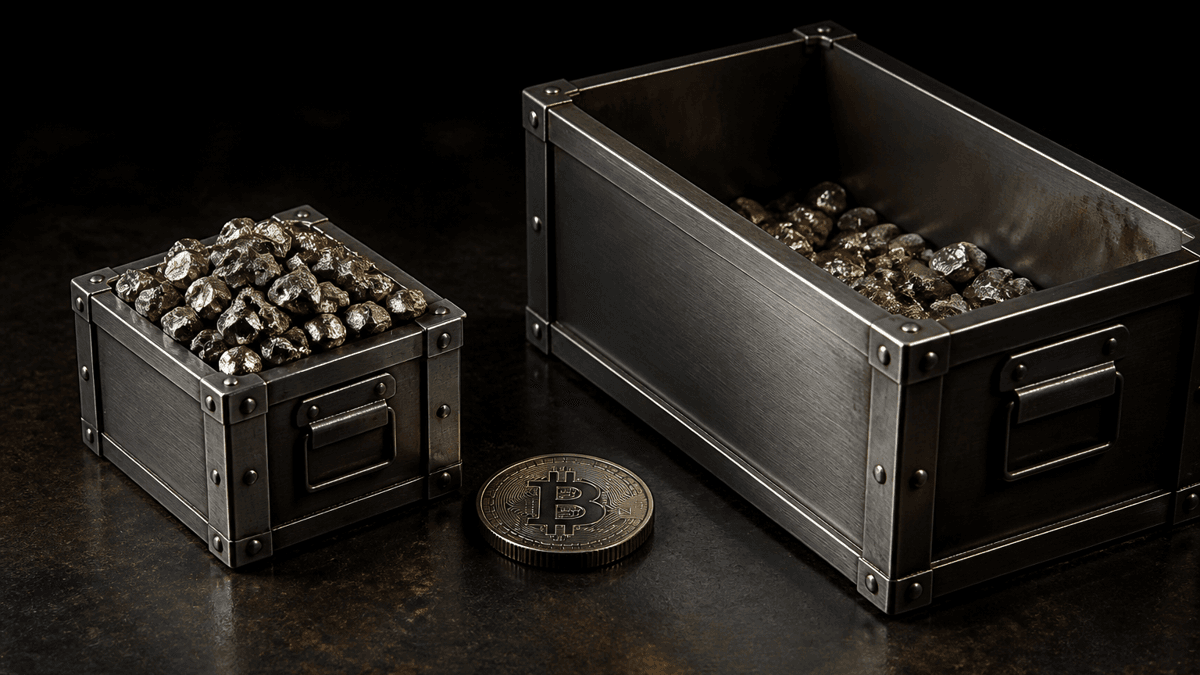 Zwei offene Stahlkisten unterschiedlicher Groesse nebeneinander auf einer dunklen Werkbank, dazwischen eine flach liegende Metallmuenze mit Bitcoin-Zeichen