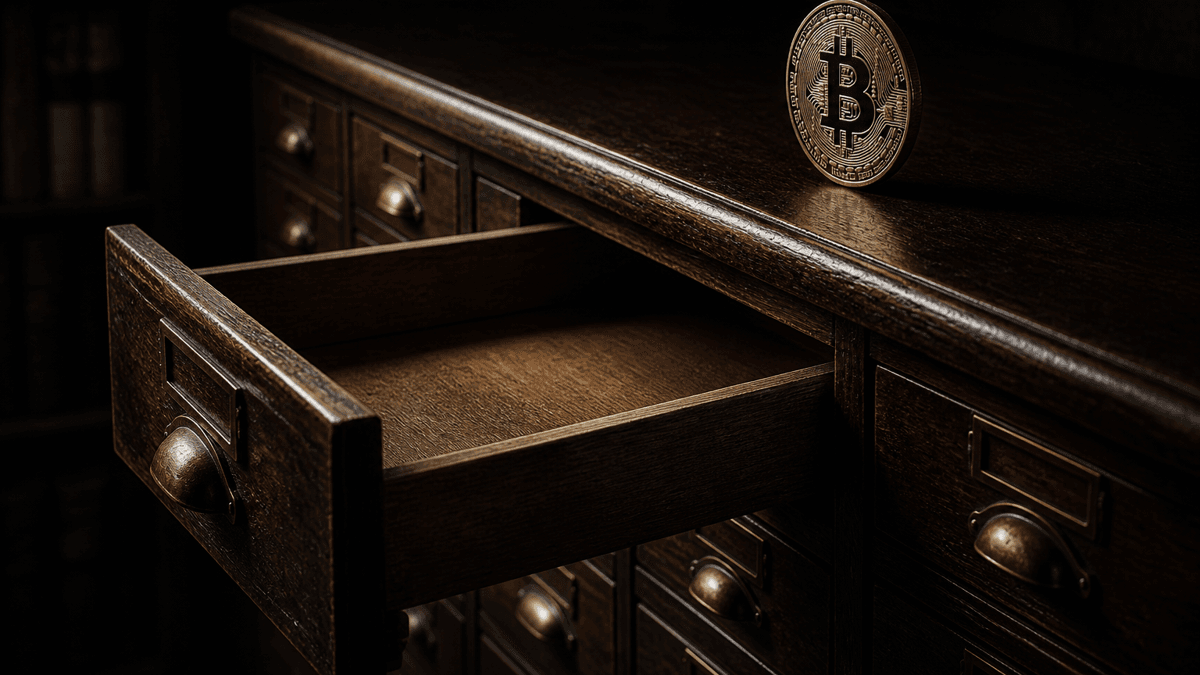 Alter Karteischrank aus dunklem Holz mit einer weit herausgezogenen, vollkommen leeren Schublade, darueber eine hochkant stehende Metallmuenze mit Bitcoin-Zeichen