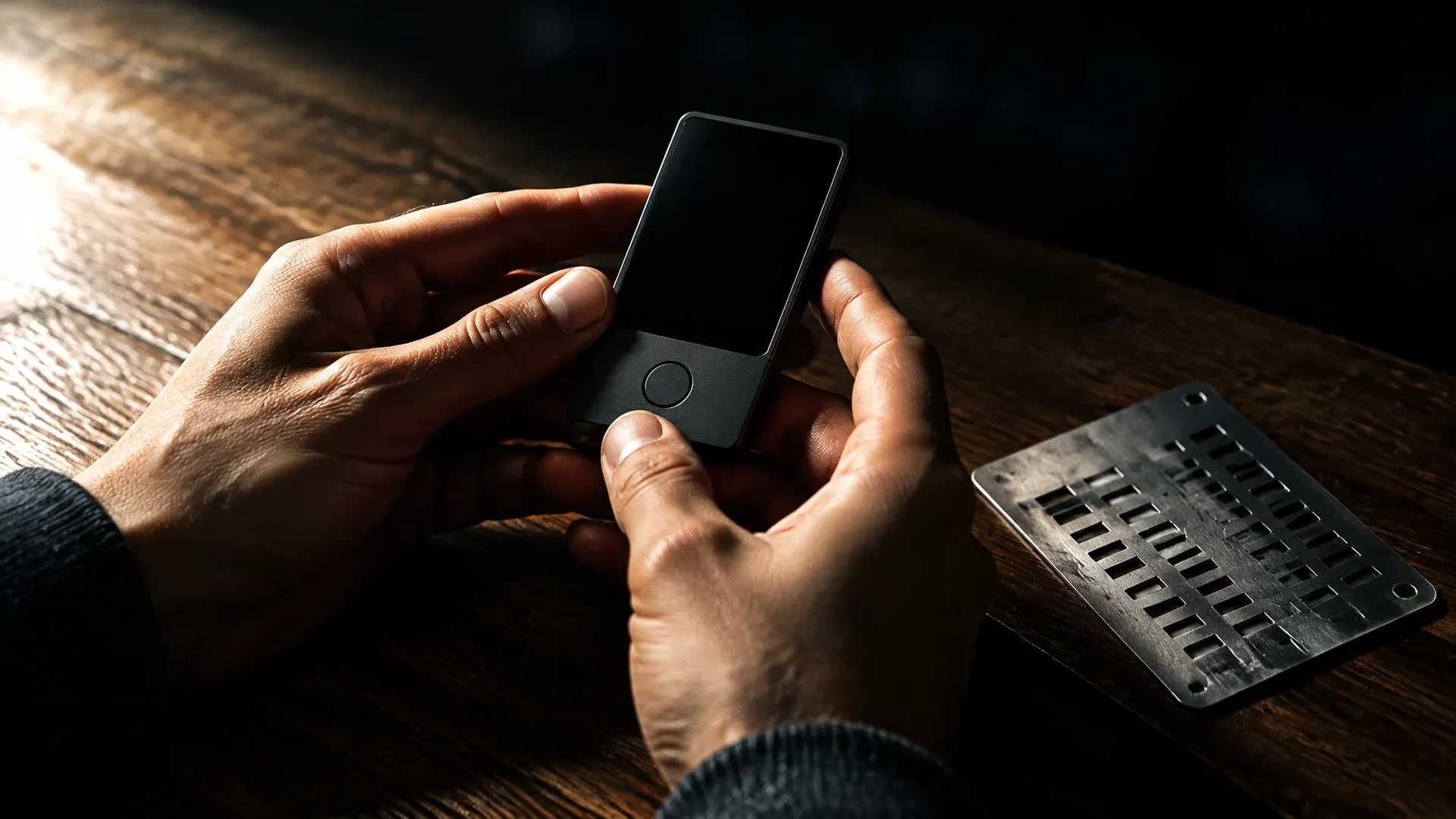 Two hands holding an unbranded hardware wallet with a dark display above a wooden table, a stamped metal plate beside it