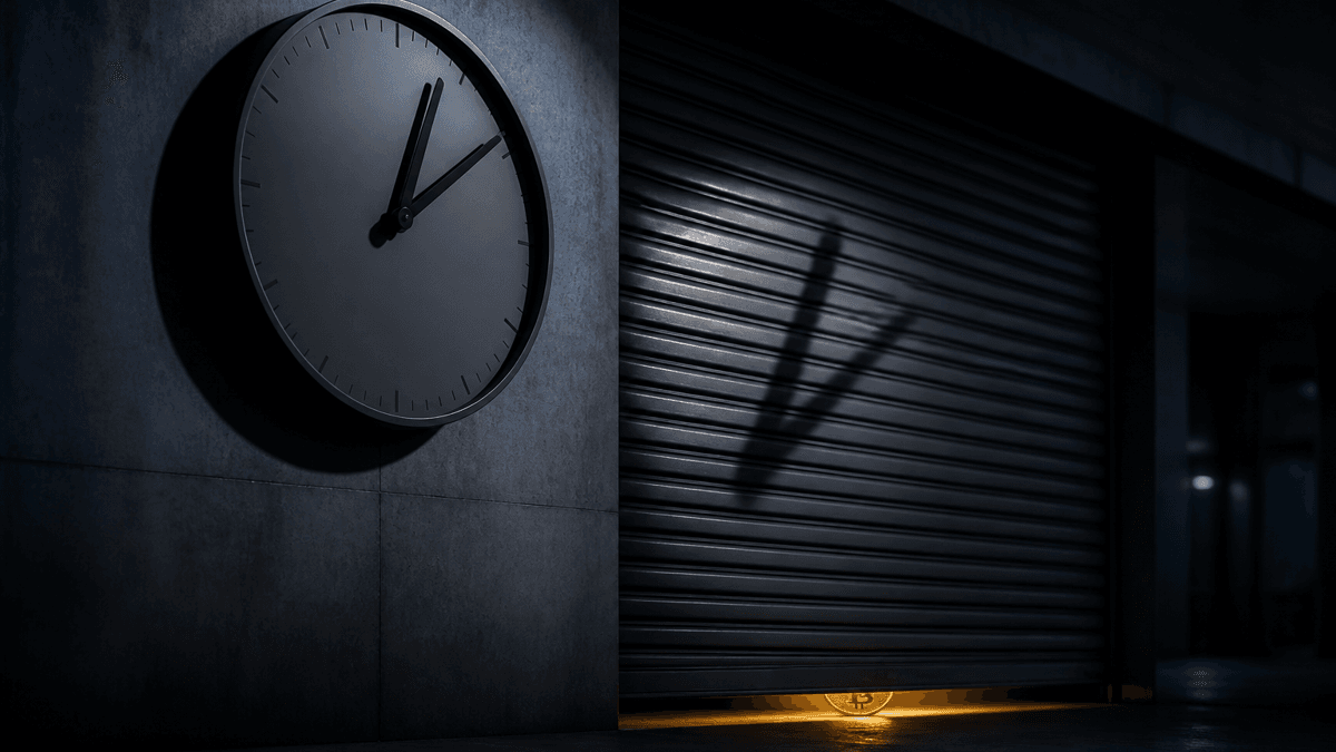 Analoge Wanduhr ohne Ziffern wirft ihren Zeigerschatten auf ein geschlossenes Metallrolltor, im Spalt darunter leuchtet eine Muenze mit eingepraegtem Bitcoin-Zeichen