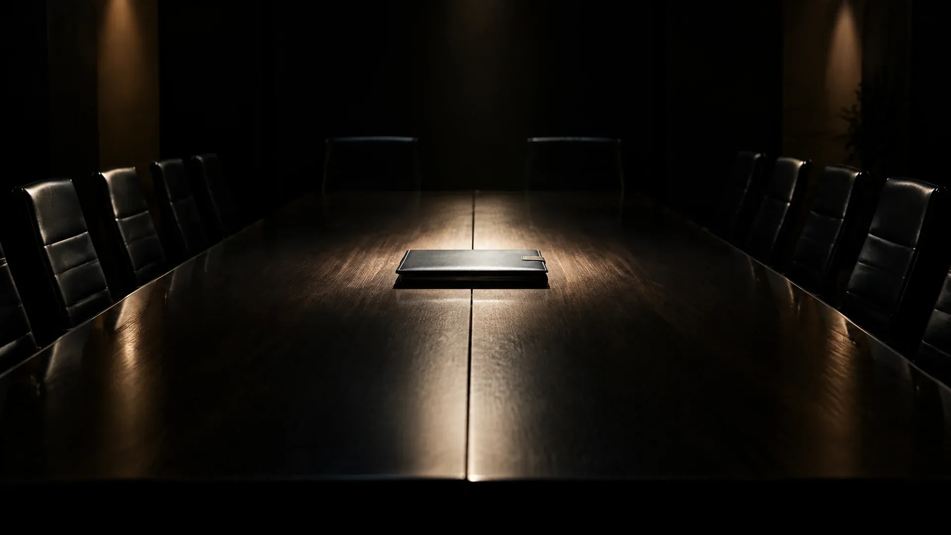 Zwei lange dunkle Konferenztische in einem abgedunkelten Sitzungssaal, stirnseitig zusammengeschoben, alle Stühle leer, in der Mitte eine geschlossene Aktenmappe im engen Lichtkegel