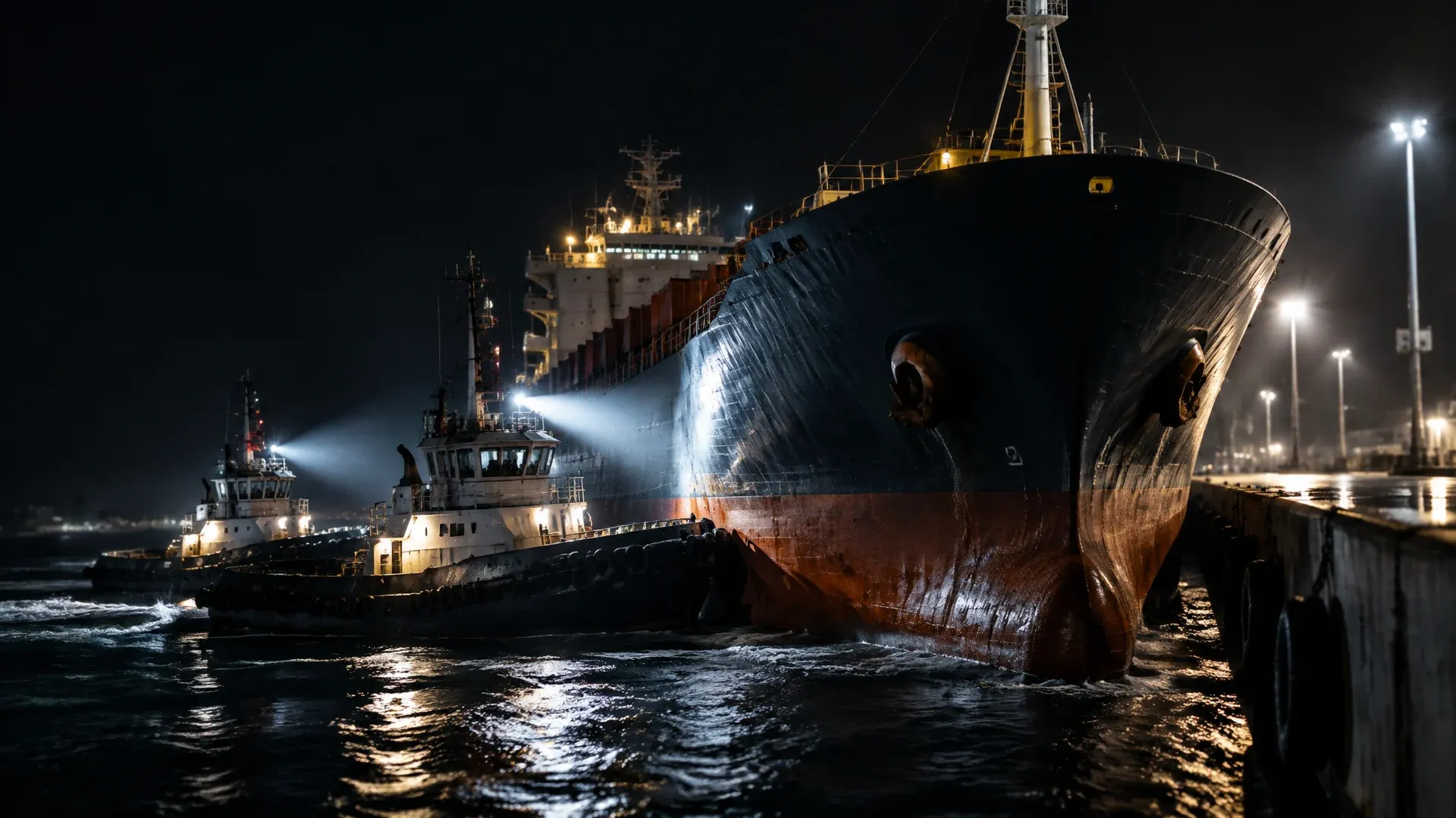 Zwei kleine Schlepper drücken bei Nacht einen großen Frachter längsseits an eine Kaimauer, Scheinwerfer von der Seite, nasses Deck