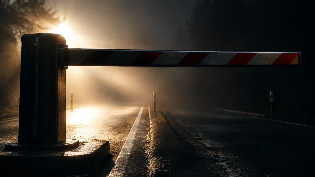 Geschlossene Schranke an einer Einfahrt im Gegenlicht, nur eine Richtung ist offen