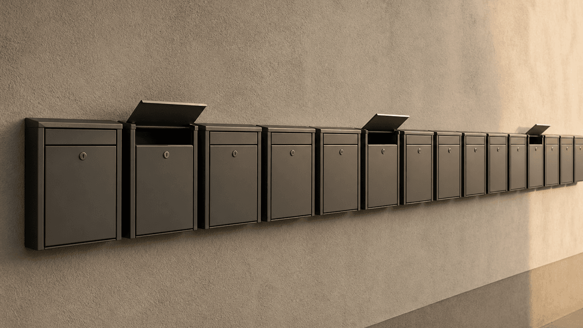 Lange Reihe identischer Briefkaesten an einer Hauswand, bei dreien steht die Klappe offen