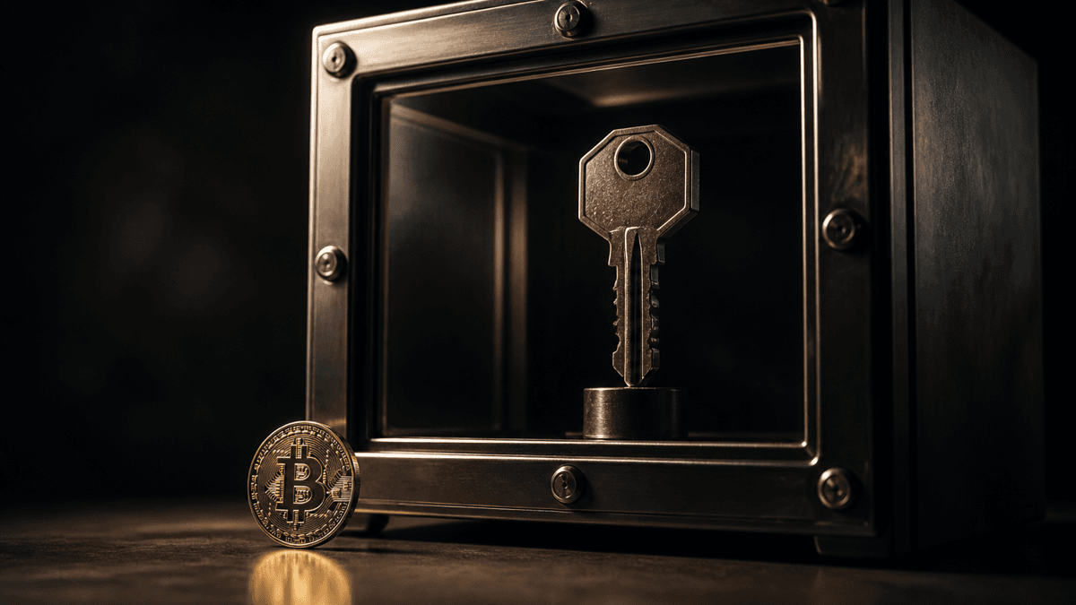 Einzelner Metallschlüssel hinter Panzerglas in einem verglasten Stahlkasten, davor eine physische Münze mit Bitcoin-Zeichen
