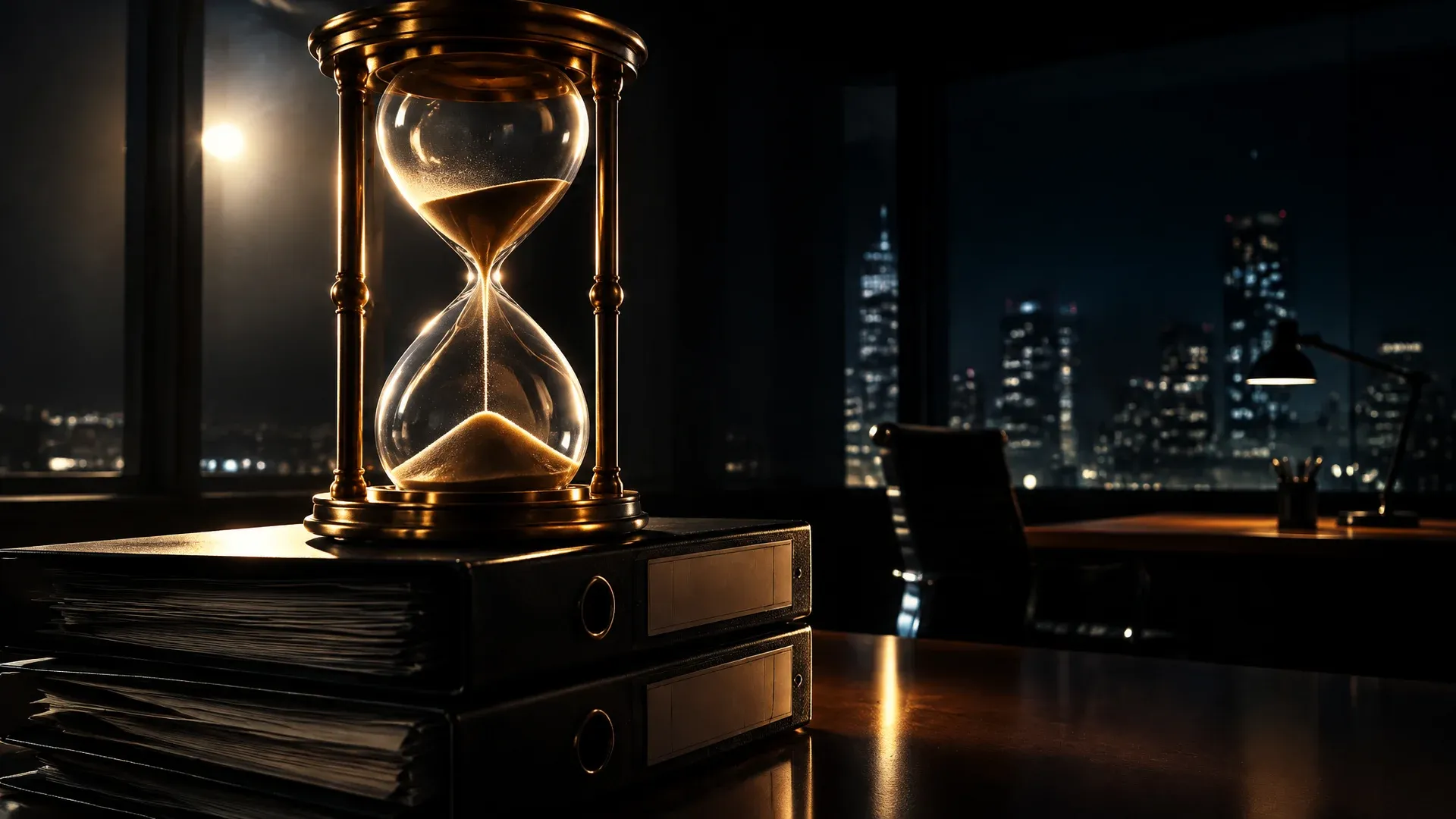 Große Sanduhr aus Messing und Glas auf einem Stapel Aktenordner in einem leeren Büro bei Nacht