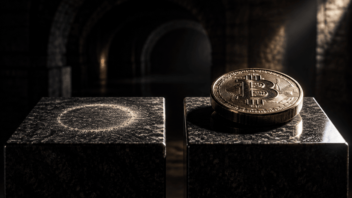 Two granite plinths in a dark vault: on the right a coin bearing a Bitcoin sign, the left one empty with a circular imprint in the dust