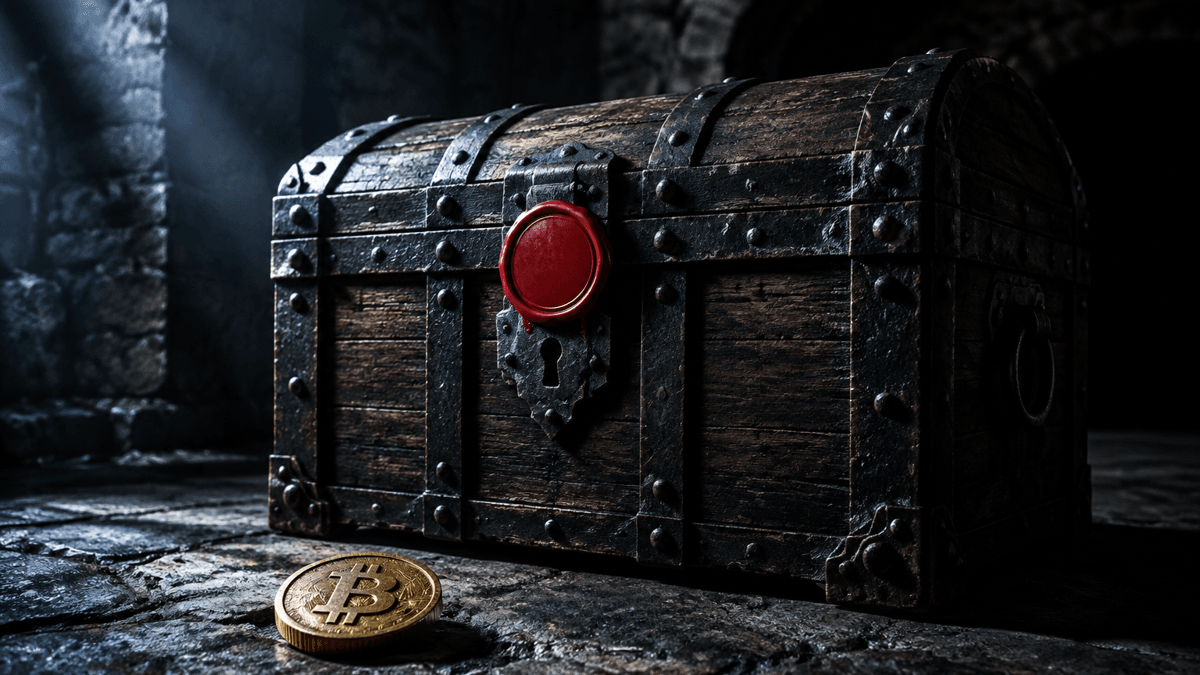 Iron-bound chest with a large red wax seal in a stone cellar, with a massive coin bearing a Bitcoin sign in front