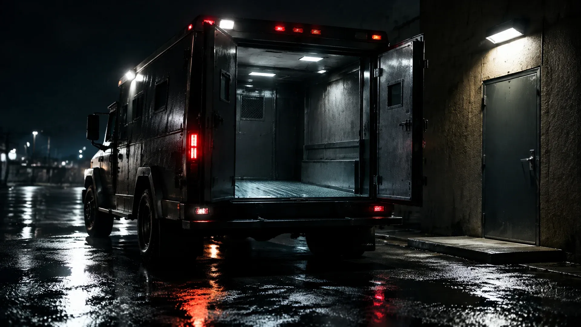 Gepanzerter Geldtransporter bei Nacht mit weit offener Hecktür und leerem Laderaum vor einem Seiteneingang auf nassem Asphalt